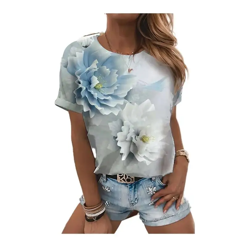 Dámske Módne T-shirt s Vynikajúcou Kvetinový Tlače Top 3D Tlač Pohodlné Kolo Krku Polyester, Všestranný Temperament Obrázok 5