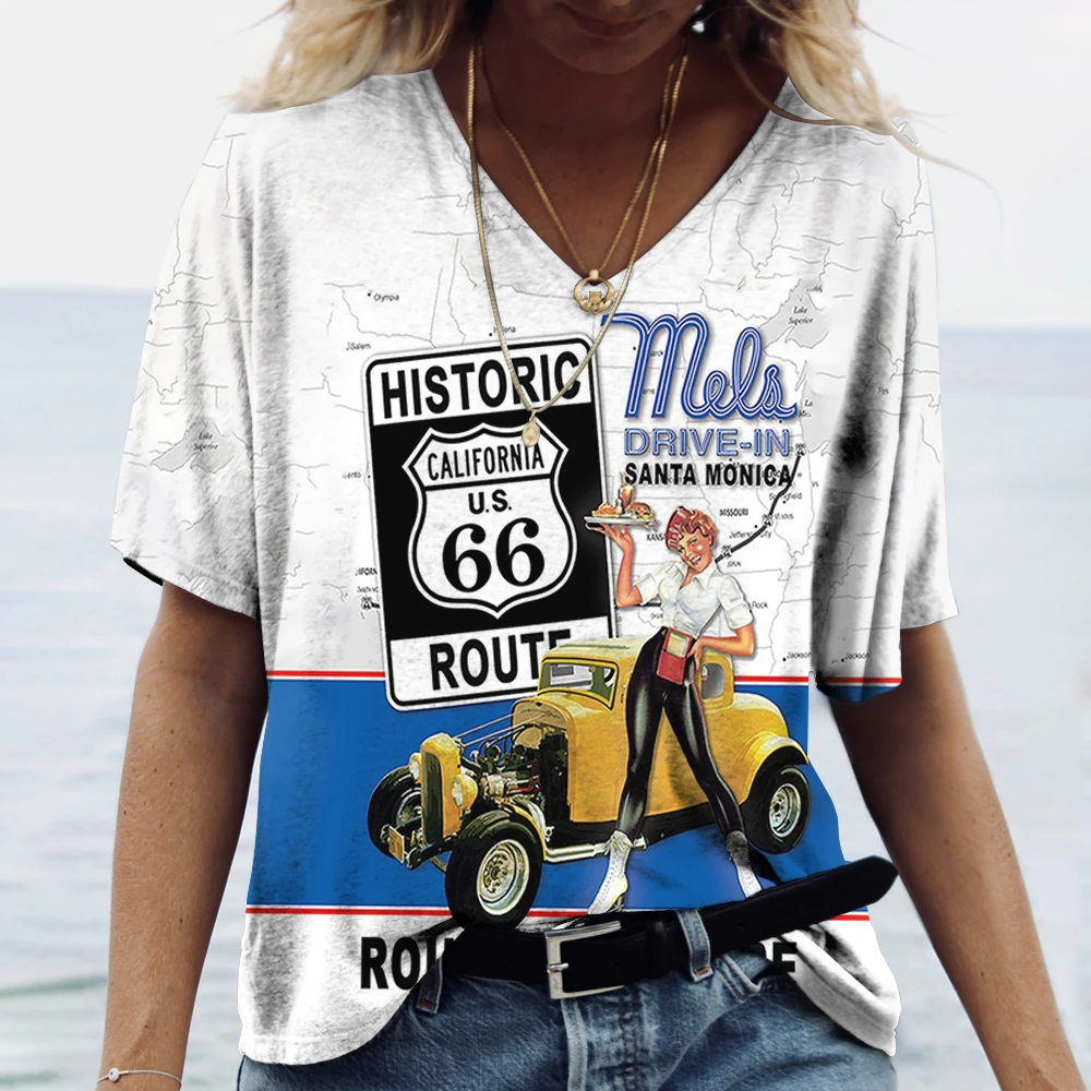 Route 66 Amerike Diaľnici dámske Tričko Leto V Krku Krátky Rukáv Tees Mužov Nadrozmerné tričká, Vintage Oblečenie Harajuku tričko Obrázok 0