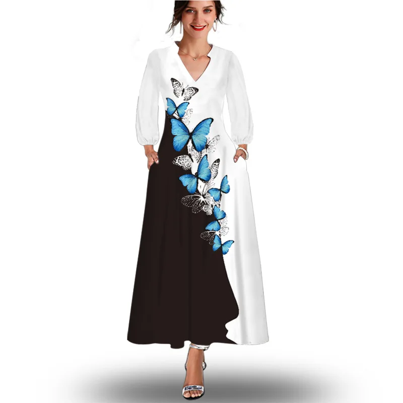 Jeseň Nové Žien Motýľ Tlače Dlhým rukávom Maxi Šaty Módne 3D Vytlačené tvaru Dlhé Šaty Vestidos De Verano Mujer 2022 Obrázok 3
