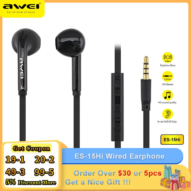 Awei ES-15Hi Drôtové Slúchadlo Pre iPhone, Samsung Slúchadlá Stereo Headset S Mikrofónom, Super Bass In-Ear Slúchadlá Auriculares Obrázok 0
