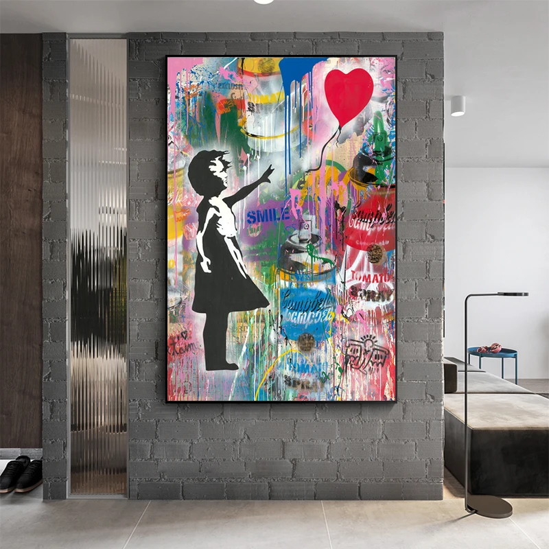 Abstrakt Dievčatko s Balónom Plátno Maľby, Graffiti, Street Wall Art Obrázky Cuadros pre Obývacej Miestnosti Dekorácie Obrázok 1