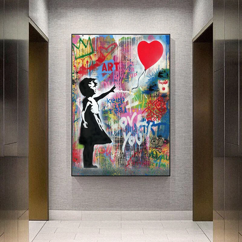 Abstrakt Dievčatko s Balónom Plátno Maľby, Graffiti, Street Wall Art Obrázky Cuadros pre Obývacej Miestnosti Dekorácie Obrázok 2