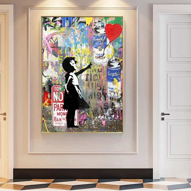 Abstrakt Dievčatko s Balónom Plátno Maľby, Graffiti, Street Wall Art Obrázky Cuadros pre Obývacej Miestnosti Dekorácie Obrázok 3