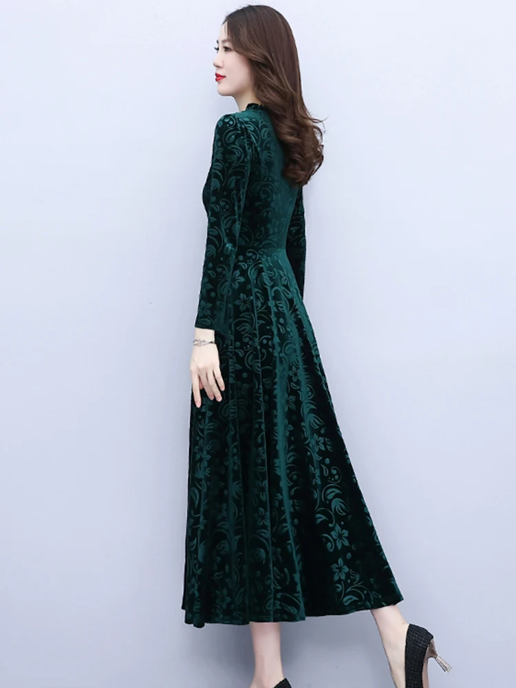Zelené Modré Zamatové Šaty Dlhý Rukáv 2022 Jesenné Vinobranie Elegantné Maxi Šaty Pre Ženy Strana Červená Kórejský Módne Oblečenie Večer Obrázok 1
