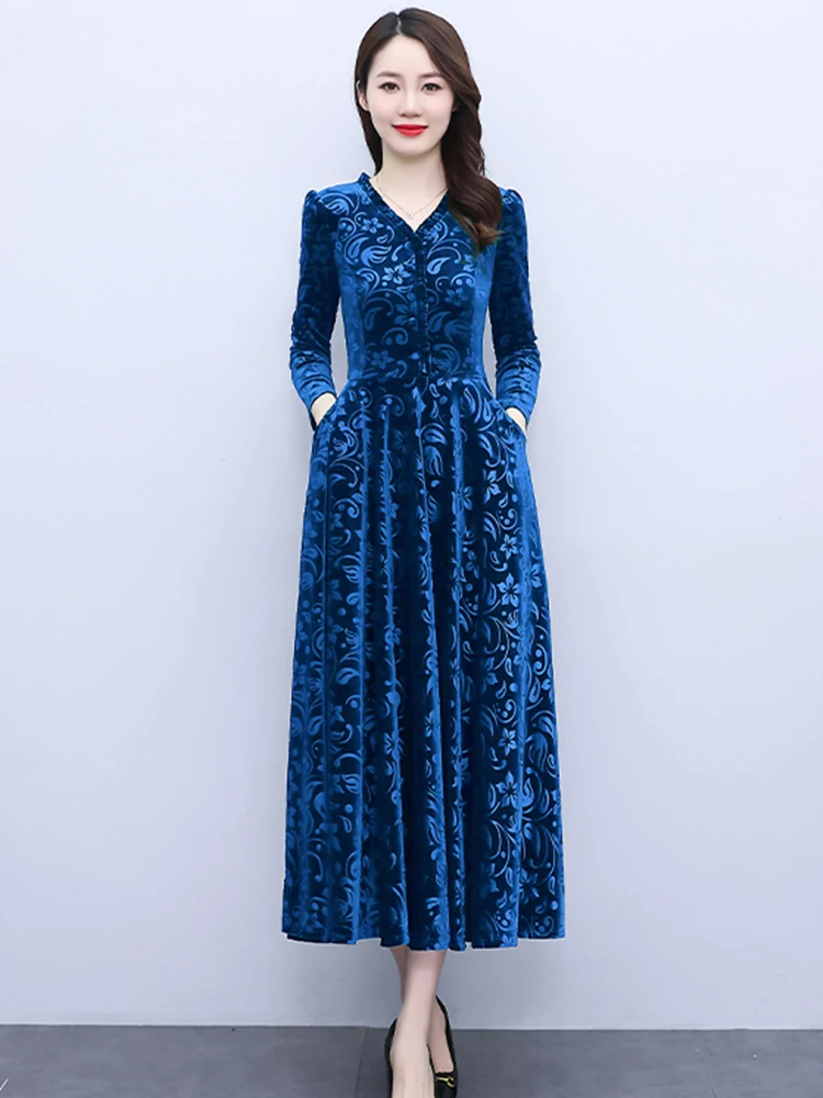 Zelené Modré Zamatové Šaty Dlhý Rukáv 2022 Jesenné Vinobranie Elegantné Maxi Šaty Pre Ženy Strana Červená Kórejský Módne Oblečenie Večer Obrázok 2