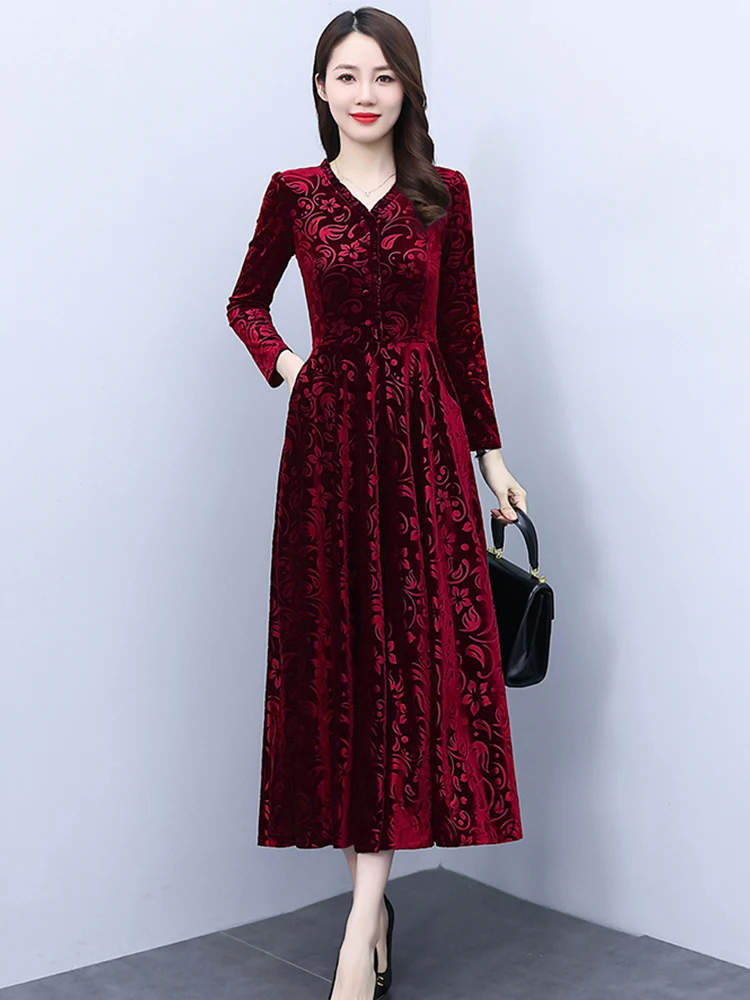 Zelené Modré Zamatové Šaty Dlhý Rukáv 2022 Jesenné Vinobranie Elegantné Maxi Šaty Pre Ženy Strana Červená Kórejský Módne Oblečenie Večer Obrázok 5