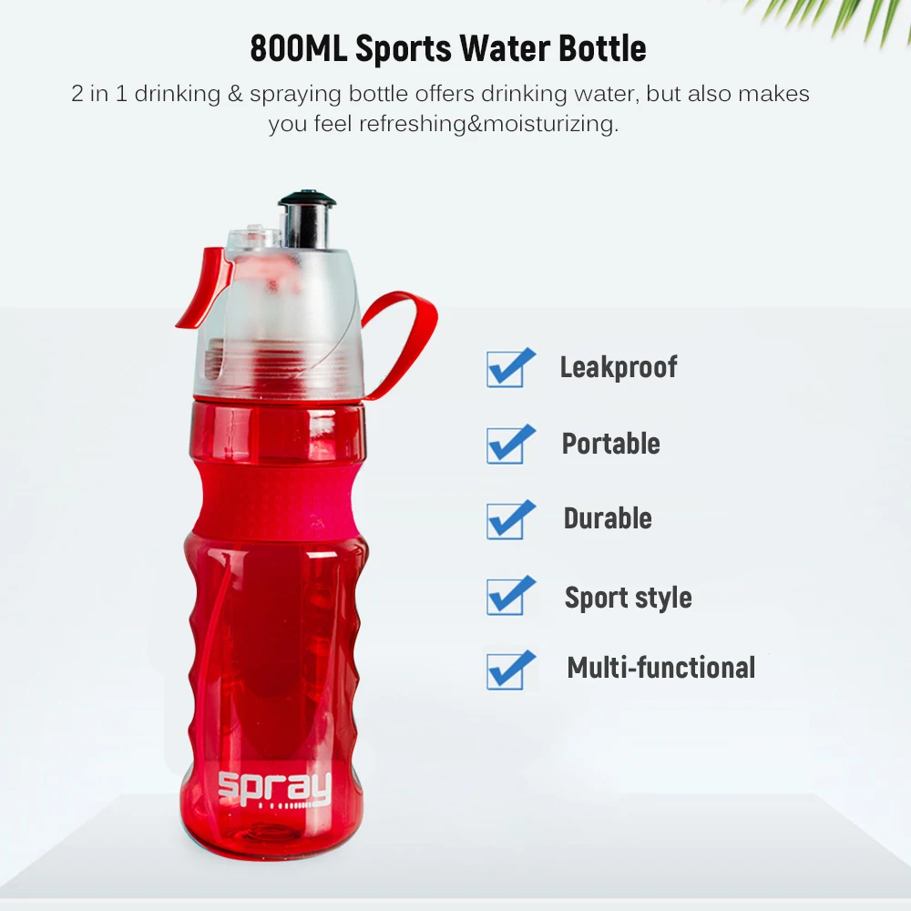 800ML Športová Fľaša na Vodu 2 v 1, Multi-Funkčné Prenosné Izolované Pitnej&Misting Spreji pre jazda na bicykli, Chôdza, Beh Obrázok 2