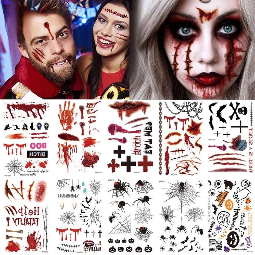 Halloween Nepremokavé Dočasné Tetovanie Nálepky Zombie Jazva Tatto s Krvavé make-up Rany Dekorácie Rany Strašidelné Krvi Sticke Obrázok 0