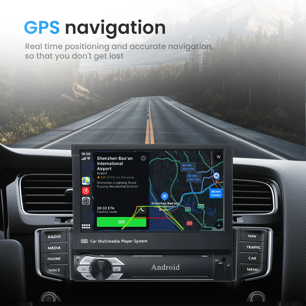 Skladací Displej autorádia 1 DIN Android Auto Multimediálny Prehrávač so 7-Palcový Zdvíhateľnej Displej, Podporu RDS FM WiFi GPS Navigácie Obrázok 2