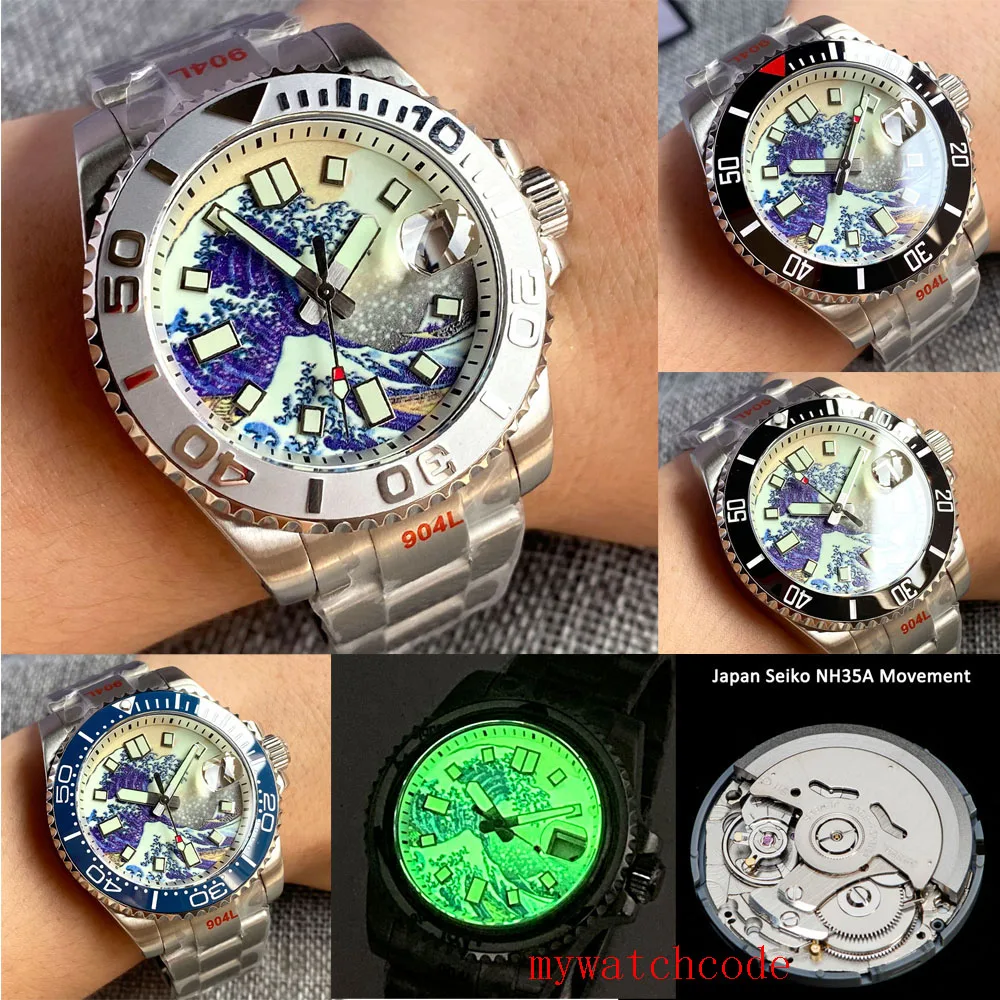 40 mm 24 Šperky Japonsko NH35A Svetelný Kanagawa Dial Sapphire Crystal 200M Automatické pánske Náramkové hodinky Náramok 120 Kliknutí Rámu Obrázok 1
