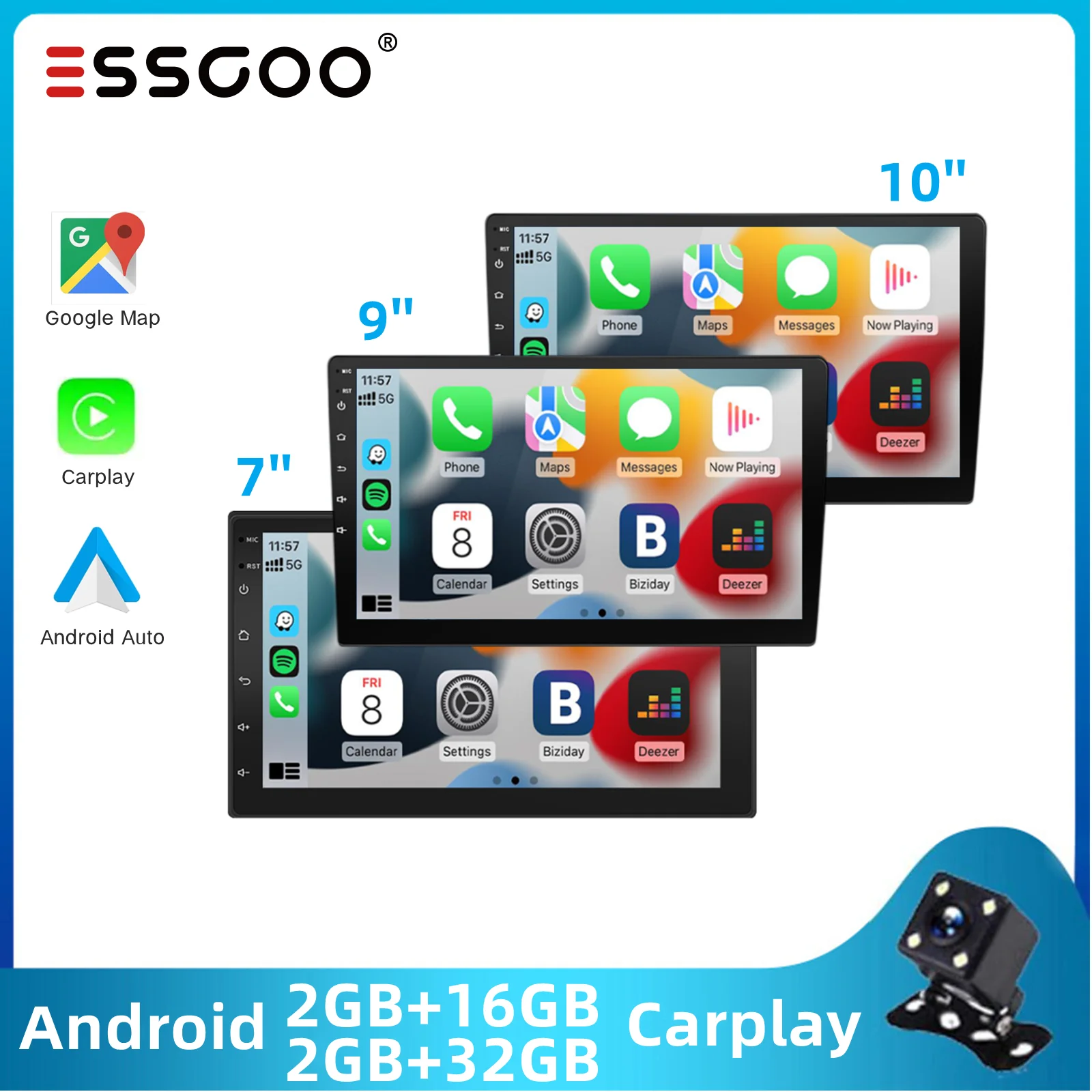 ESSGOO 7 9 10 Palcový 2 Din autorádia 2G 32G Android CarPlay Multimediálne Wifi GPS Hráč Univerzálny Stereo Rádia Pre Toyota, Nissan VW Obrázok 0