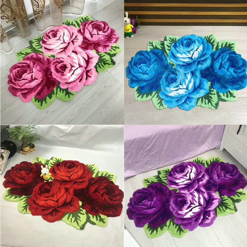Všívaných Rose Koberec Super Mäkké Plyšové Štyri Kvetinový Rohože, Spálne, Obývacia Izba, Dvere, Kúpeľňa Kvetinové Koberce Domova Obrázok 1