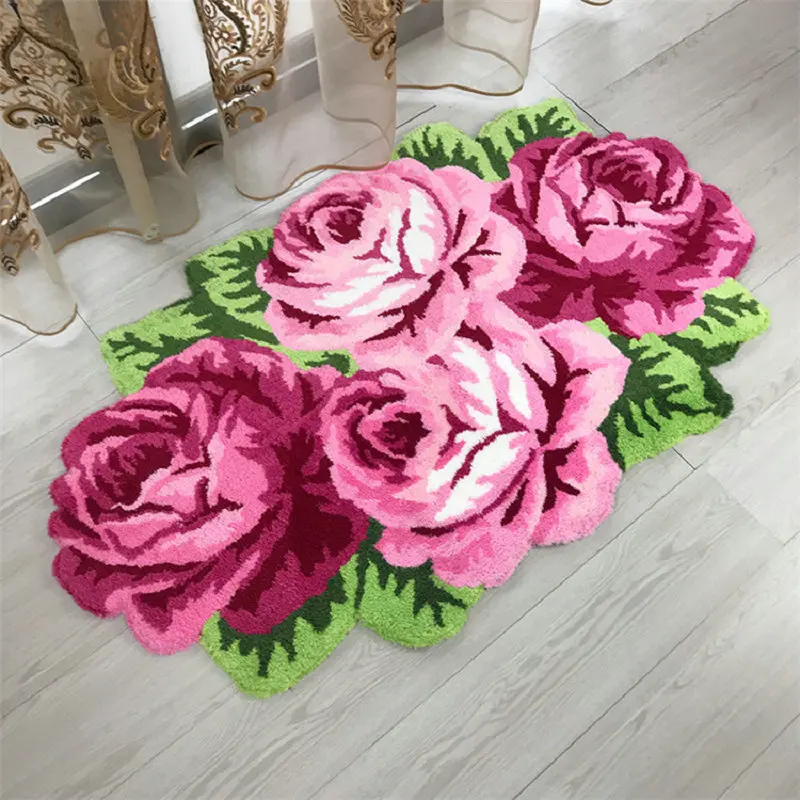 Všívaných Rose Koberec Super Mäkké Plyšové Štyri Kvetinový Rohože, Spálne, Obývacia Izba, Dvere, Kúpeľňa Kvetinové Koberce Domova Obrázok 5