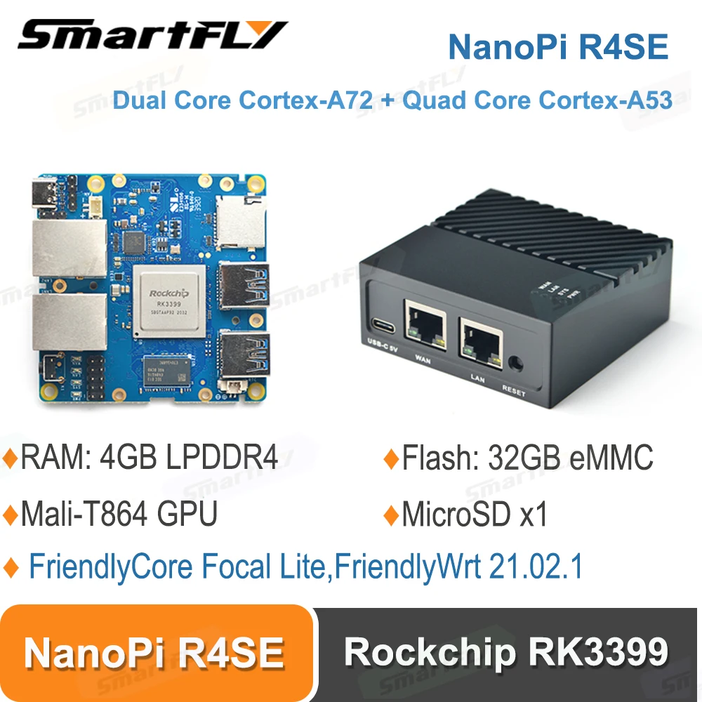 Smartfly NanoPi R4SE Rockchip RK3399 SOC Mini Prenosné Cestovný Router OpenWRT 4GB LPDDR4 32 GB eMMC Mali-T864 GPU 4K VP9 Dual VOP Obrázok 0