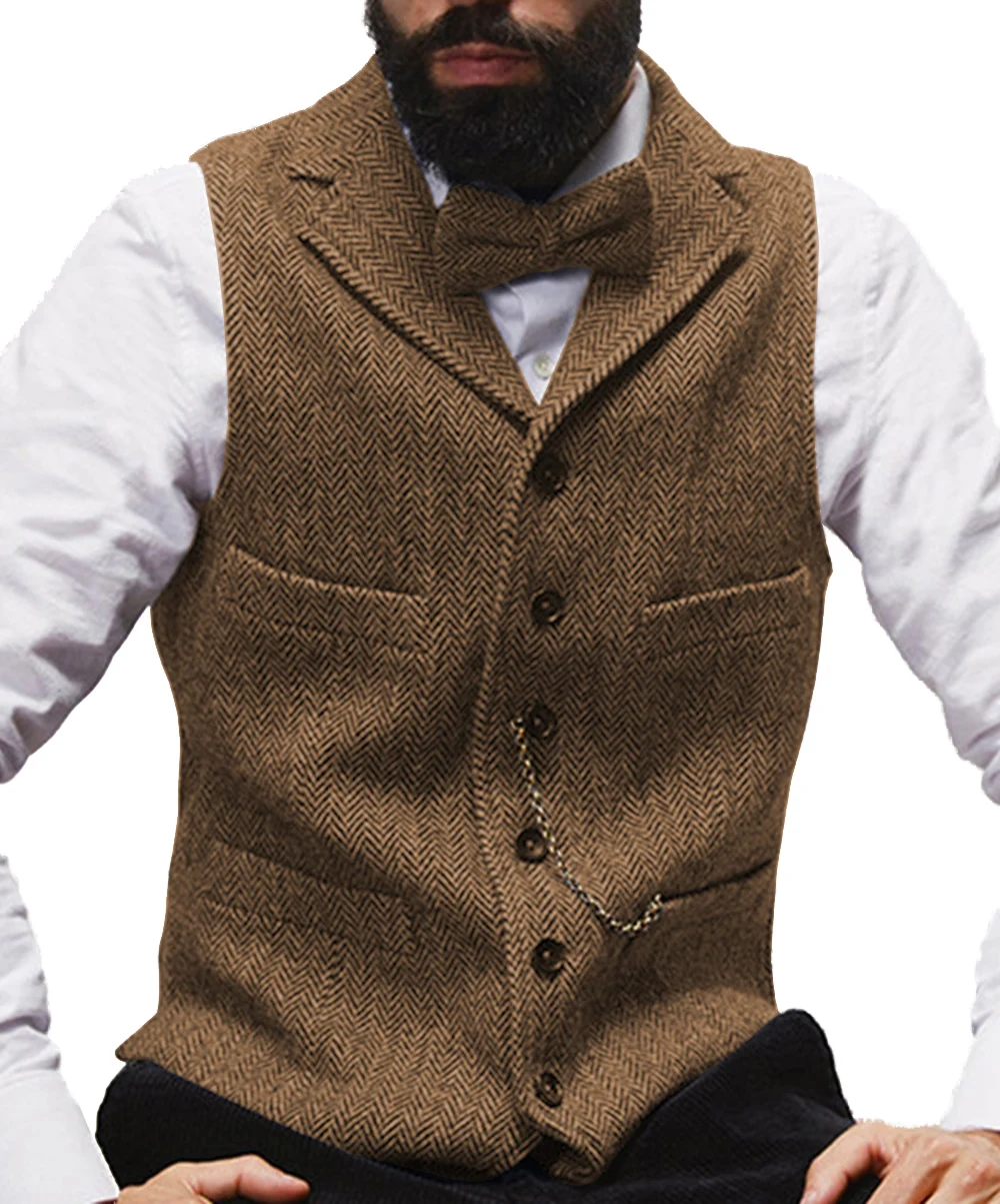 Pánske Oblek Vesty Mužov Hnedá Čierna Vesta Vesta Muž Steampunk Bunda Prekladané Tweed tvaru Slim Fit Gilet Homme Svadobné Oblečenie Obrázok 3