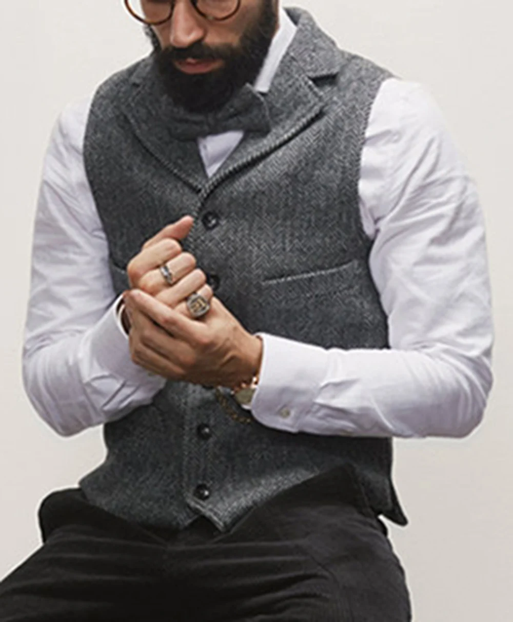 Pánske Oblek Vesty Mužov Hnedá Čierna Vesta Vesta Muž Steampunk Bunda Prekladané Tweed tvaru Slim Fit Gilet Homme Svadobné Oblečenie Obrázok 4