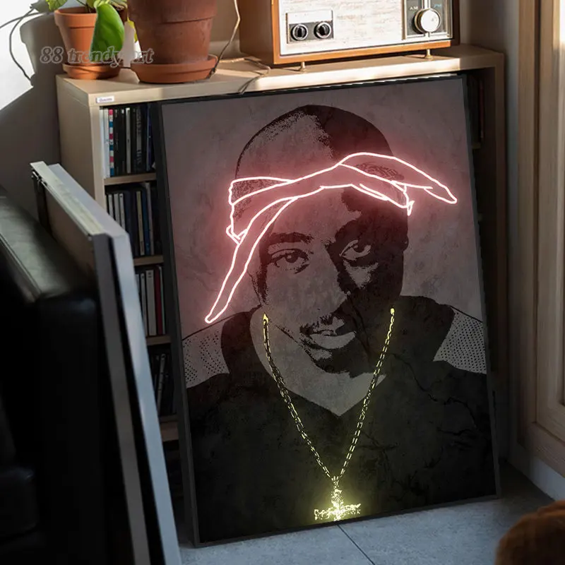 Abstrakt Rapper Star 2PAC Tupac, Ice Cube Plagáty a Tlačí na Steny Umelecké Plátno na Maľovanie Neon Style Hip Hop Spevák Obrázky nástenná maľba Obrázok 1