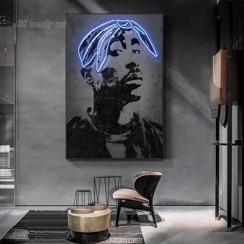 Abstrakt Rapper Star 2PAC Tupac, Ice Cube Plagáty a Tlačí na Steny Umelecké Plátno na Maľovanie Neon Style Hip Hop Spevák Obrázky nástenná maľba Obrázok 3