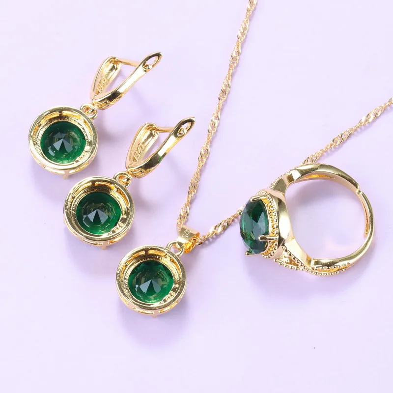 Dubaj Zlatá Farba Šperky Sady Kolo Zeleným Zirkónom Trendy Kostým Náušnice, Náhrdelník Aj Prívesok, Prsteň Súpravy Pre Ženy, Svadobné Obrázok 1