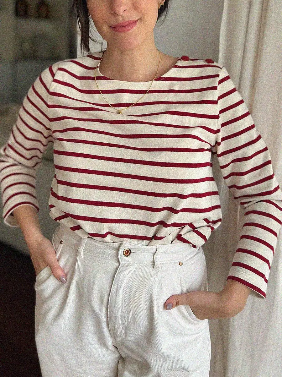 Vintage Pruhované Tričko Top Žena Jesenné Kolo Golier Dlhý Rukáv Organickej Bavlny T-shirt 2022 Femme Elegantné francúzske Chic Tee Tričko Obrázok 3