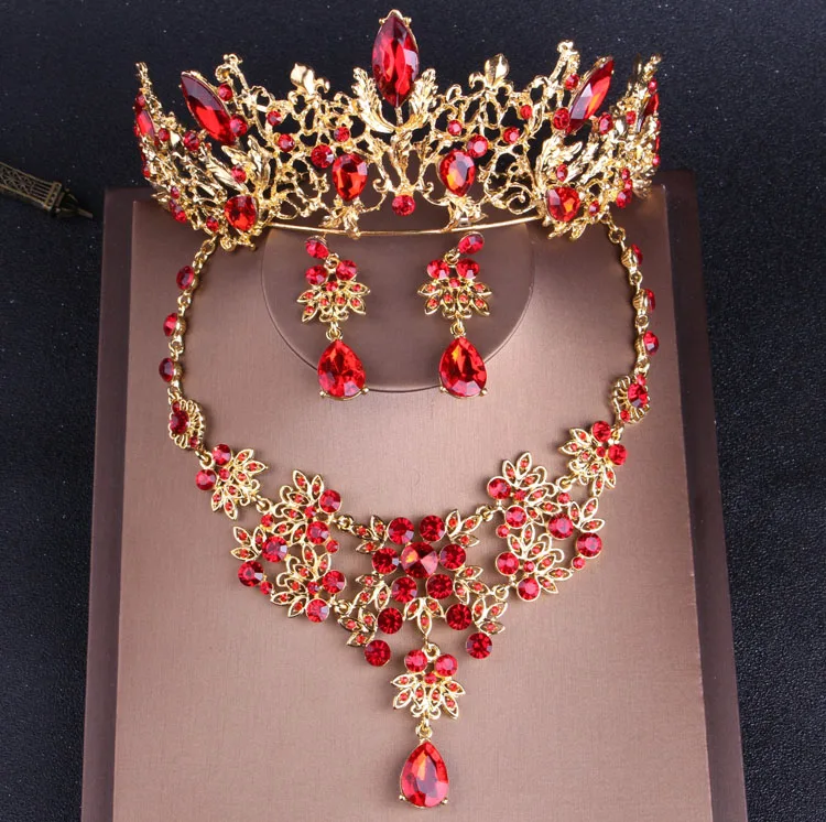 Barokový Vintage Zlatá, Červená Farba Crystal Svadobné Šperky Sady Drahokamu Tiaras Koruny Choker Náhrdelníky Náušnice Svadobných Doplnkov Obrázok 0