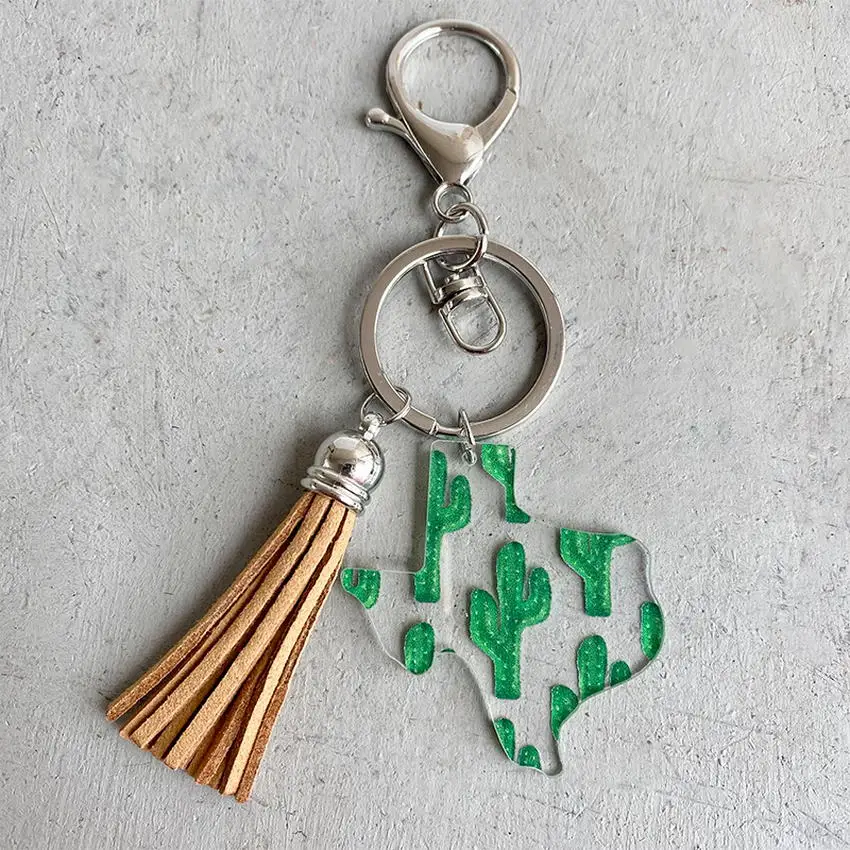 Slnečnica Kaktus a Concho Tlač priehľadný Akrylový Texas Štátu Mapu Keychain s Faux Suede Koža Strapec Juhozápad Šperky Obrázok 3