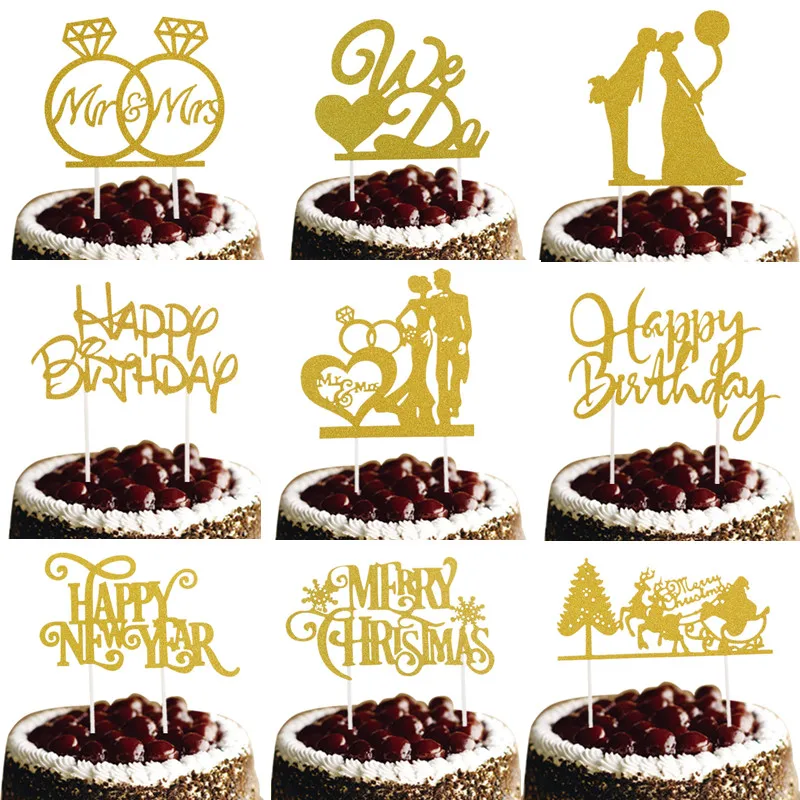 Happy Birthday Cake Vňaťou robíme Veselé Vianoce Pán Pani Svadobné Šťastný Nový Rok Dekorácie, Party Cupcake Dekor Pečenie DIY Zlato Obrázok 0