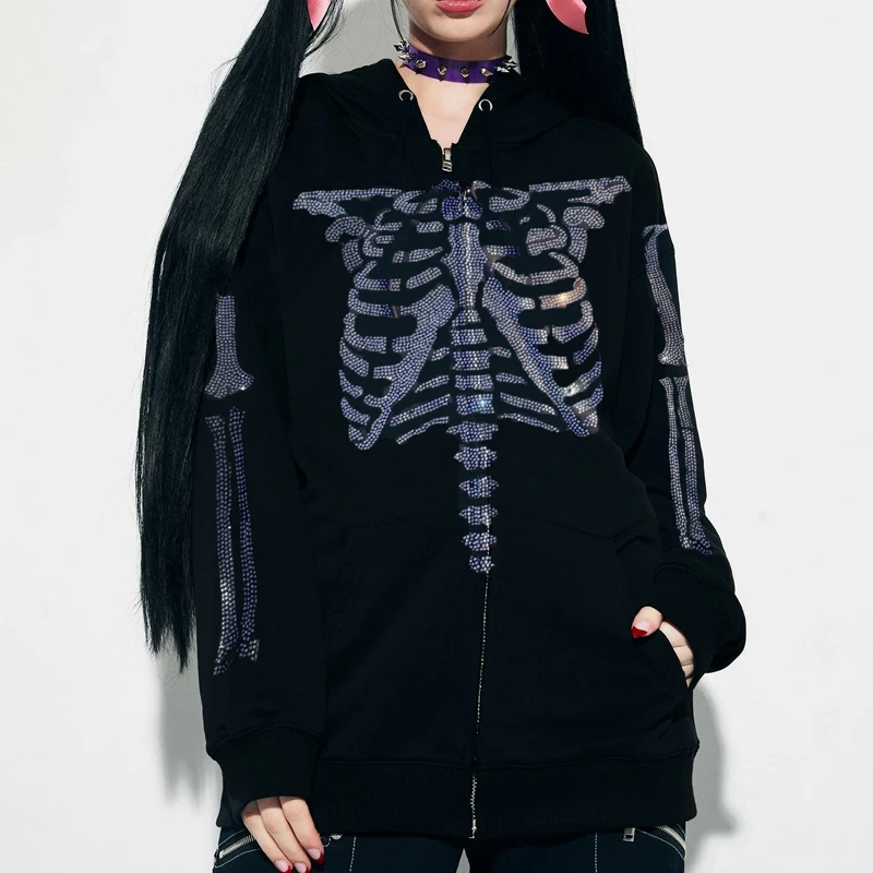 E-dievča Gotický Diamanty Kostra Bunda, Kabát Zips s Kapucňou Jeseň Čierna Hnedá Mikina Ženy Vintage Harajuku Punk Streetwear Obrázok 4