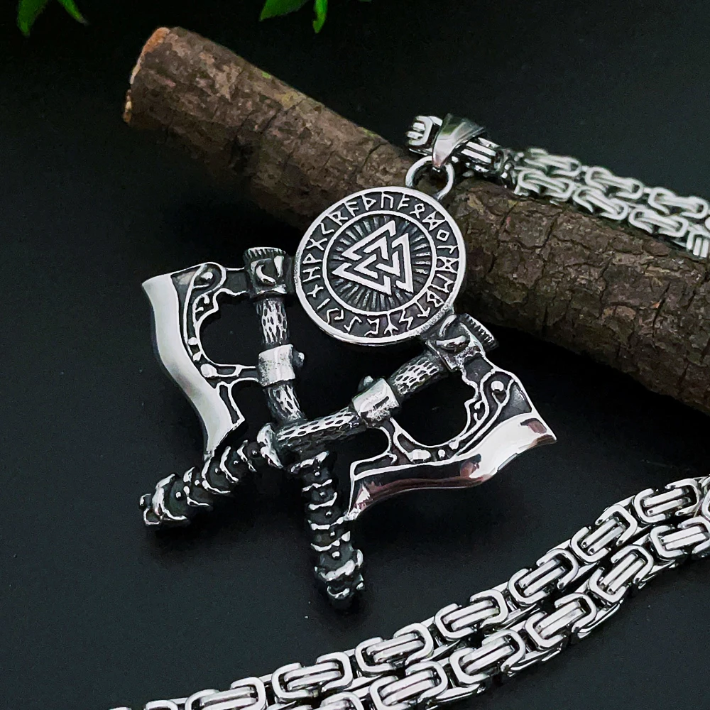 Nordic Viking Bojovník Dvojité Sekera Prívesok Náhrdelník Z Nehrdzavejúcej Ocele Viking Rune Valknut Náhrdelník Mužov Amulet Šperky Veľkoobchod Obrázok 2