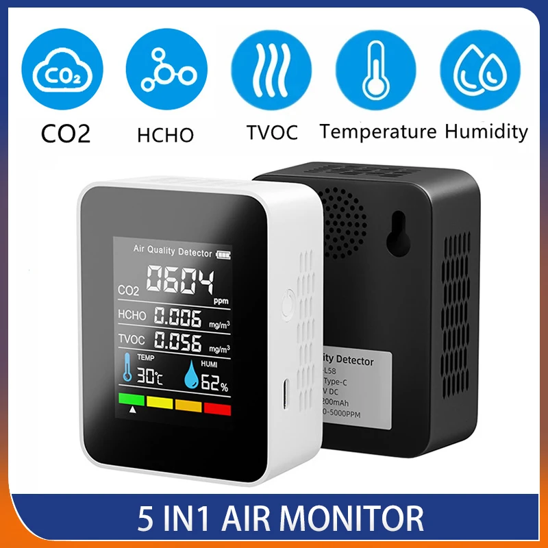 5 in1 Vzduchu Monitor CO2 Oxid Uhličitý Detektor Skladu Kvality Vzduchu Teplota Vlhkosť TVOC HCHO Monitor Meranie Meter Obrázok 0