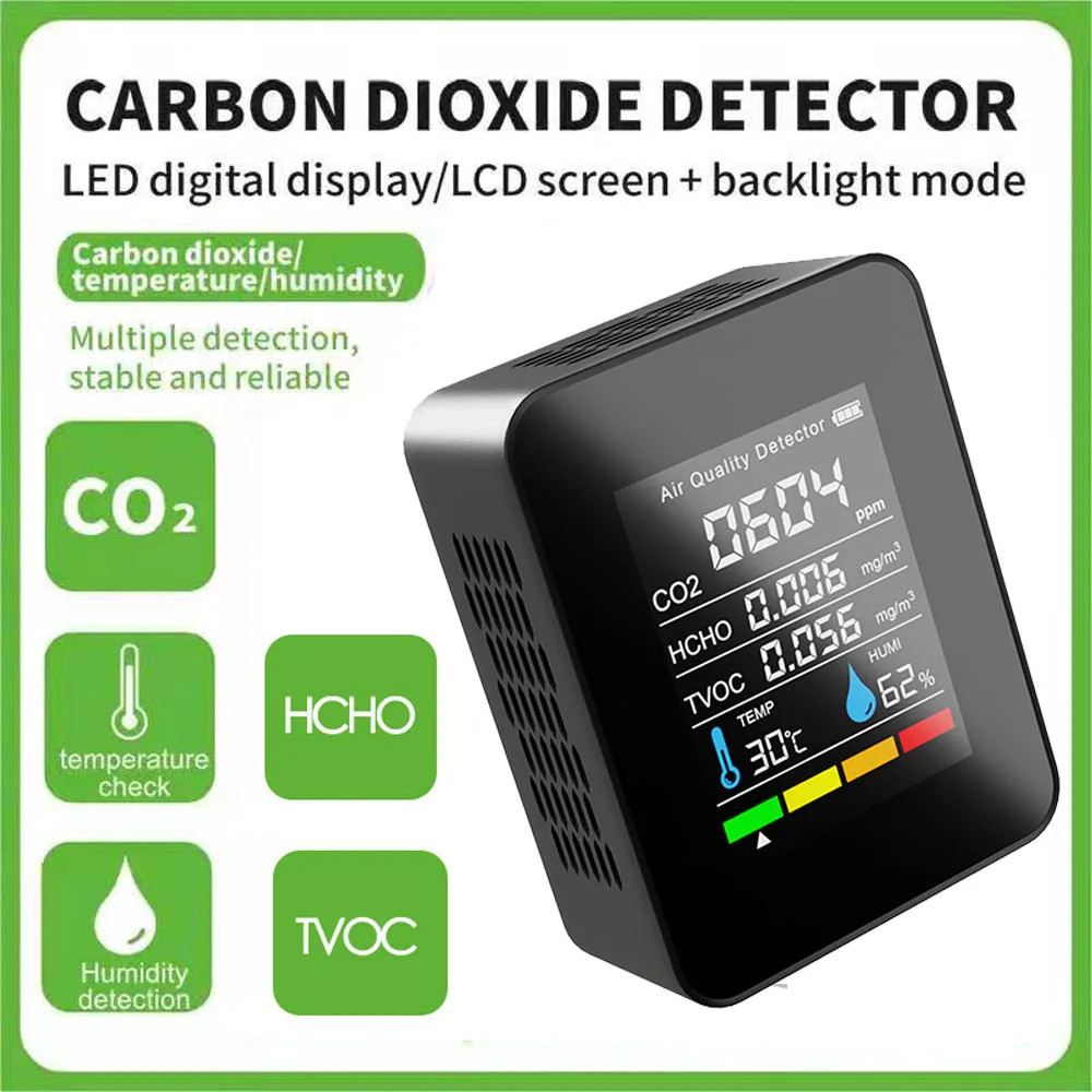 5 in1 Vzduchu Monitor CO2 Oxid Uhličitý Detektor Skladu Kvality Vzduchu Teplota Vlhkosť TVOC HCHO Monitor Meranie Meter Obrázok 1