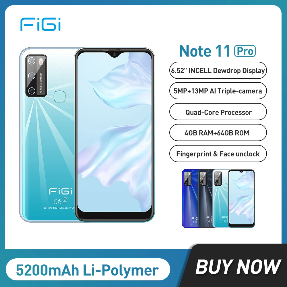 FIGI Poznámka 11 Pro Android 11 Quad-Core Smartphone, 4 GB 64 GB 6.52 Palcový Mobilný Telefón MTK6762 5200mAh mobilné telefóny 13MP Triple Kamery Obrázok 0