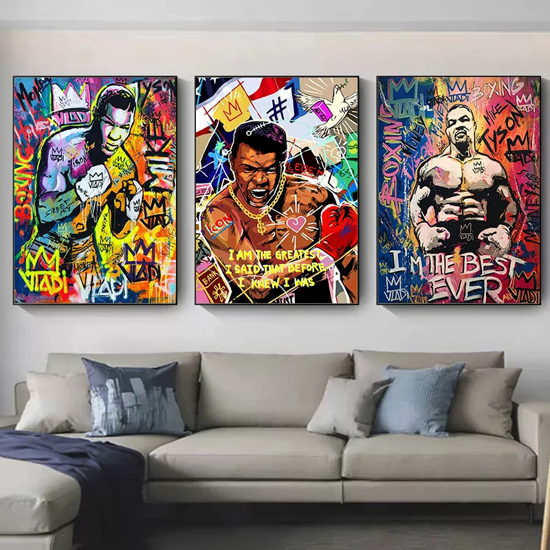 Graffiti Art Box Muhammad Ali, Mike Tyson Portrét Plagát Plátno Na Maľovanie Boxer Legenda Motivačný Stene Obraz Domova Obrázok 0