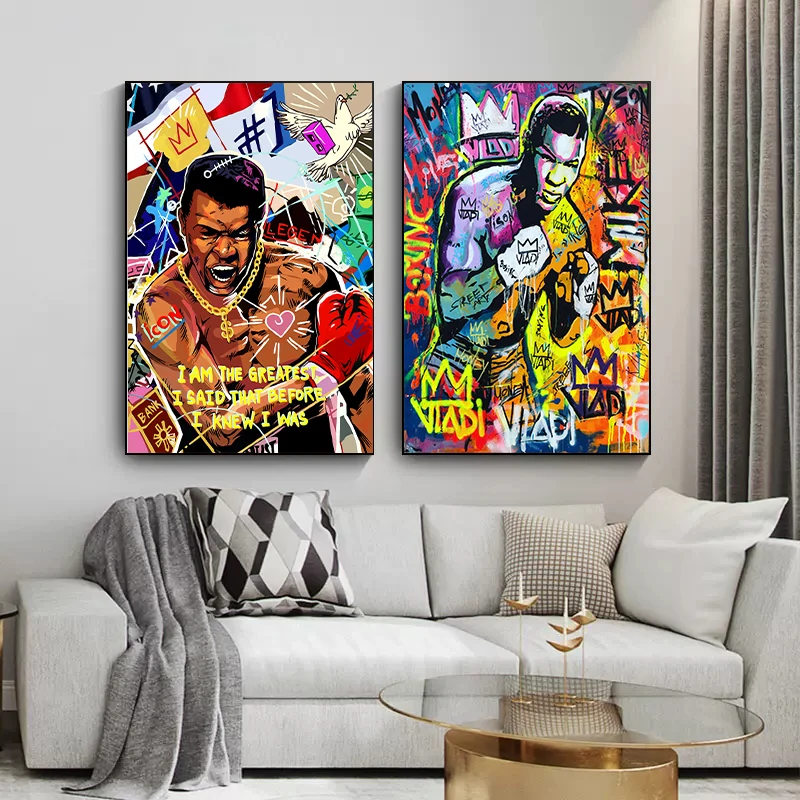 Graffiti Art Box Muhammad Ali, Mike Tyson Portrét Plagát Plátno Na Maľovanie Boxer Legenda Motivačný Stene Obraz Domova Obrázok 1