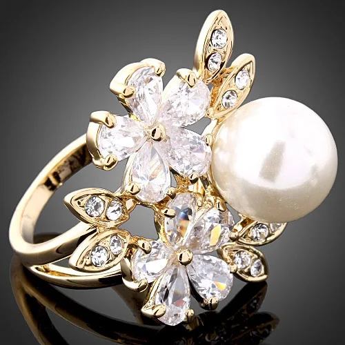 Chran Klasické Kvet Dizajn Cubic Zirconia Zásnubné Prstene pre Ženy Strieborné Pozlátené Faux Perly Prst Prstene, Šperky, Doplnky Obrázok 1
