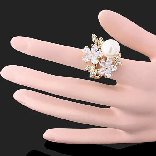 Chran Klasické Kvet Dizajn Cubic Zirconia Zásnubné Prstene pre Ženy Strieborné Pozlátené Faux Perly Prst Prstene, Šperky, Doplnky Obrázok 2