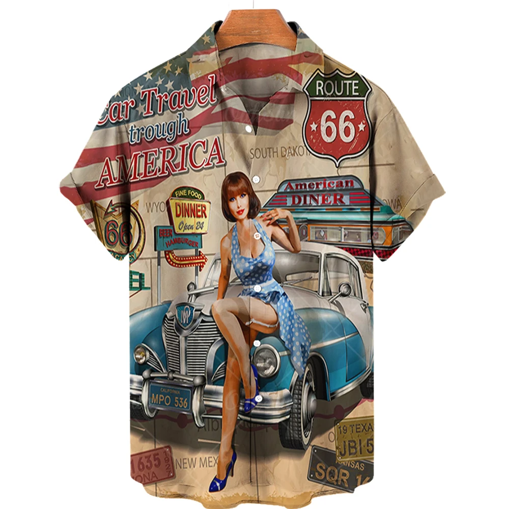 Havajská Luxusné pánske Spoločenské Košele, Oblečenie pre Letné Tričko Male Vintage Route 66 3D Tlač Blúzky Krátky Rukáv, V-Neck Topy Obrázok 2