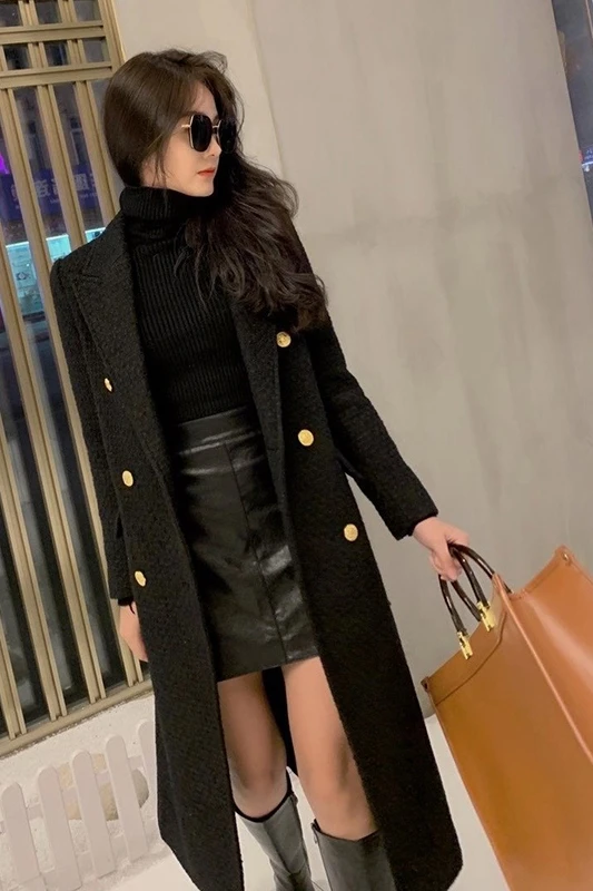 2021 nová vlna duffle vyhovovali golier kabáta čiernou farbou módne all-zápas teplé dlho žien kabát Obrázok 3