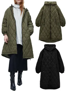 ZA jesenné a zimné nové produkty jednoduché, bežné žien vrecko na zips dlhé rukávy s kapucňou voľné dlhý kabát bavlna